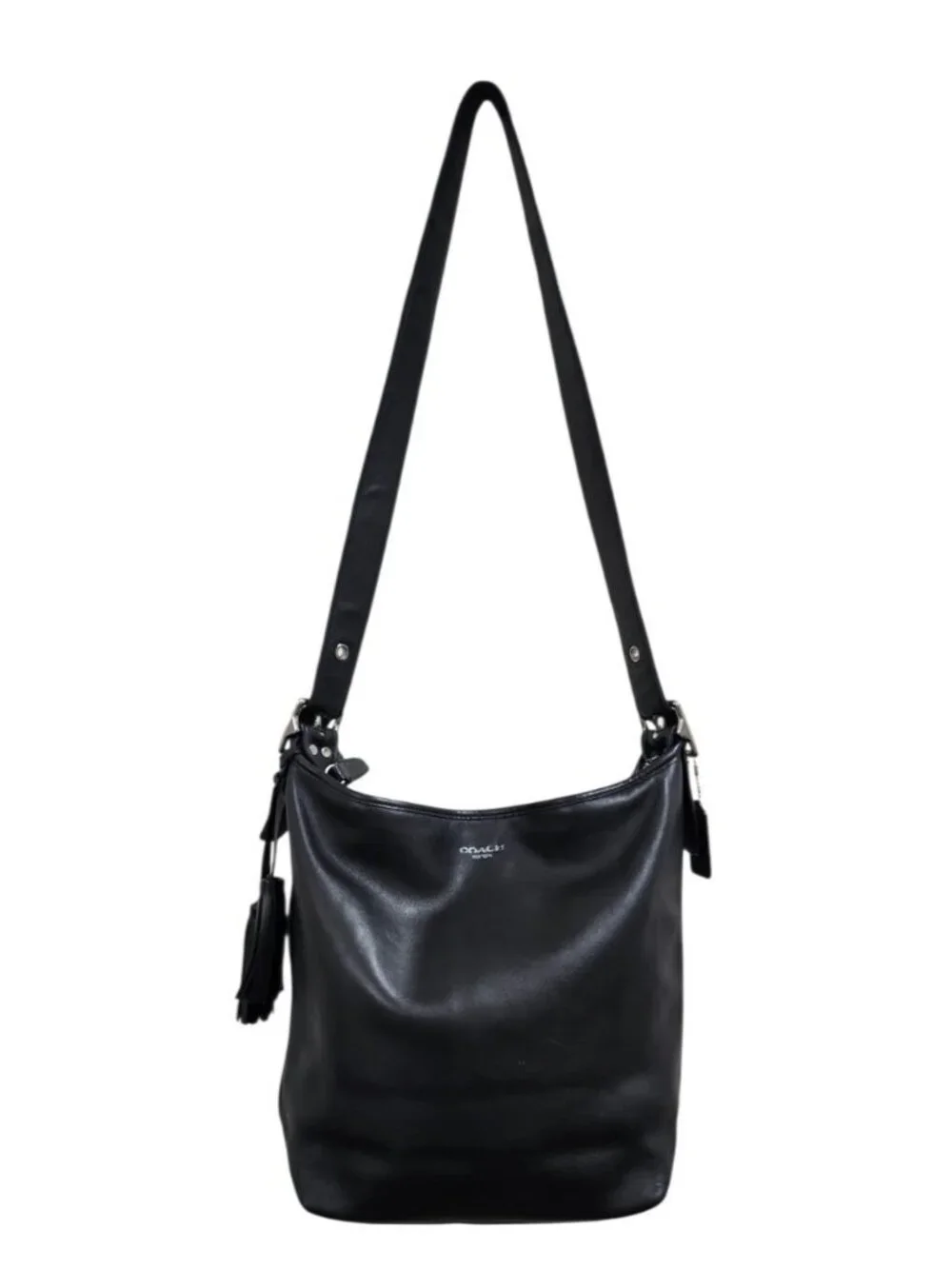 Coach Black Leather Hobo Shoulder Bag Large Tassel Silver Hardware Recolored